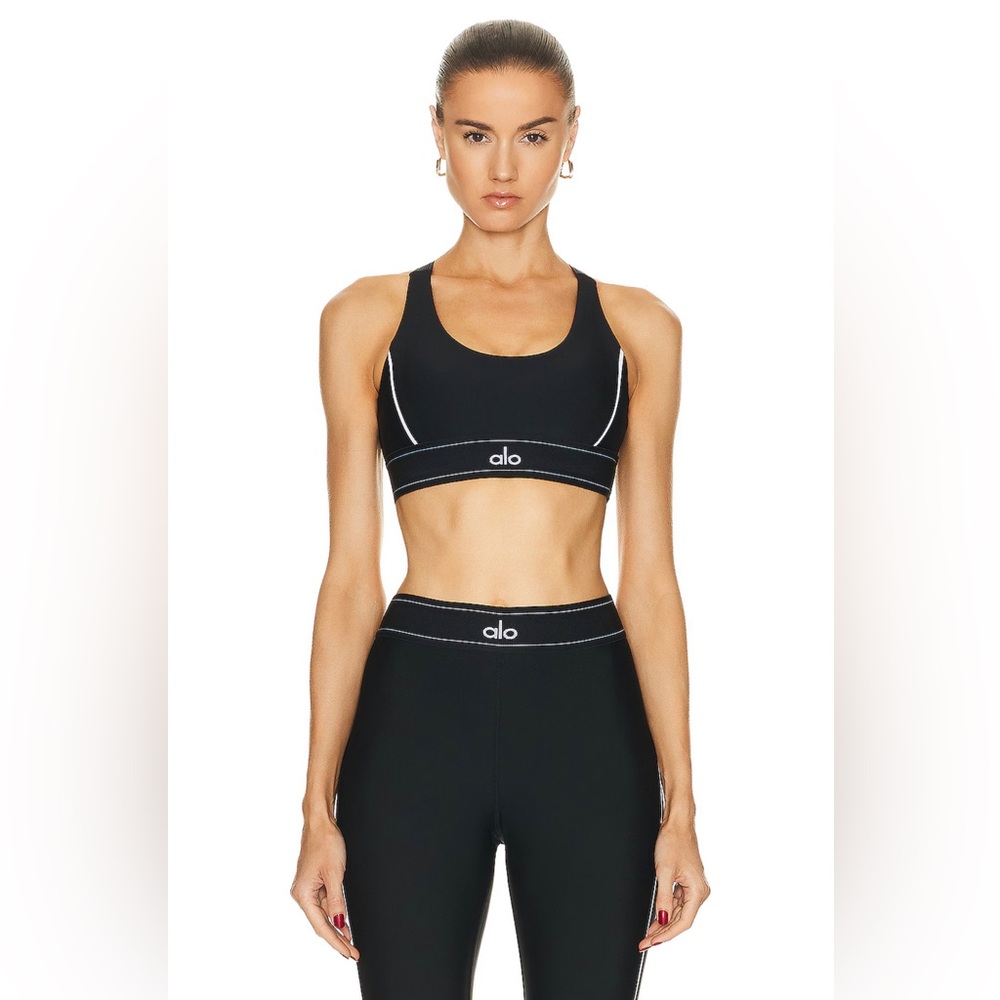 Alo Yoga black and white stripe air lift leggings and sports bra XS set